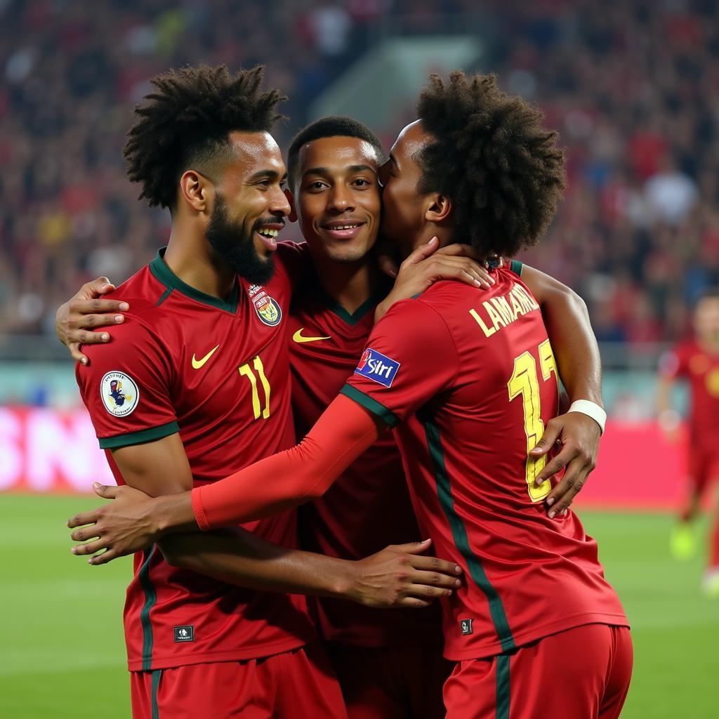 Yamal celebrating a goal with his teammates