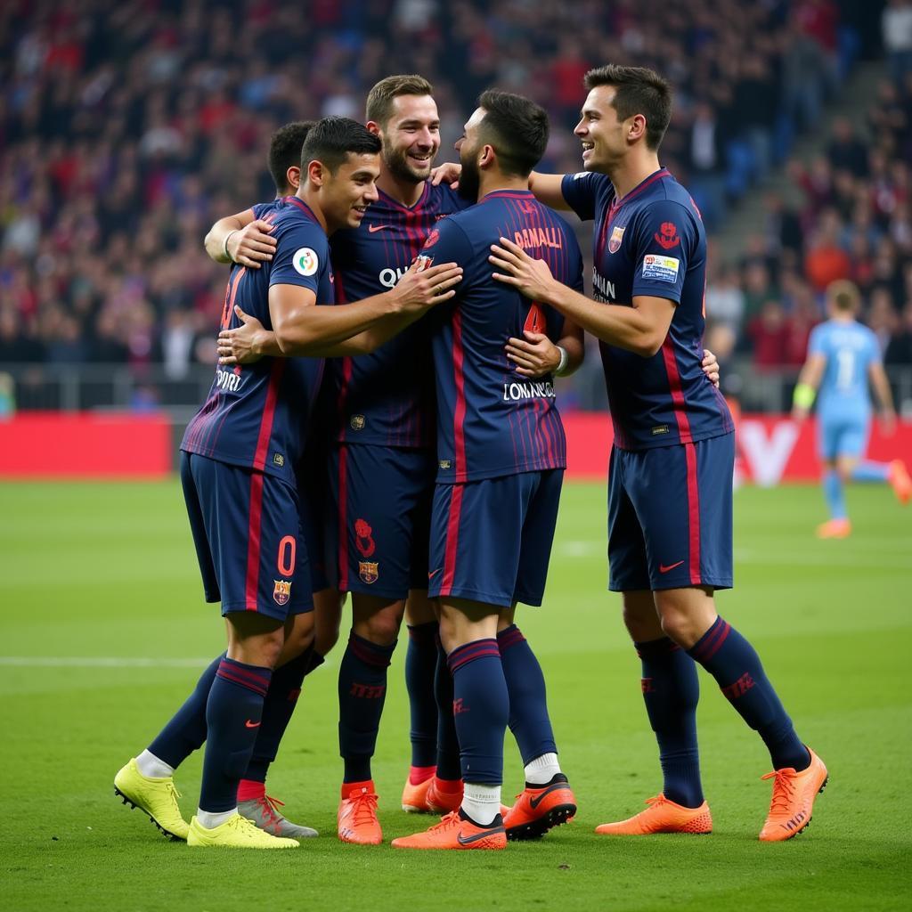 Yamal celebrating a goal with his teammates, showcasing team unity and camaraderie.