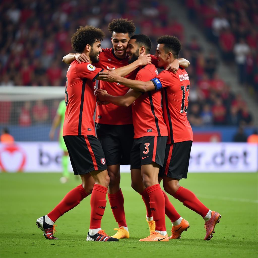 Lamine Yamal celebrating a goal with his teammates, highlighting his camaraderie and team spirit.