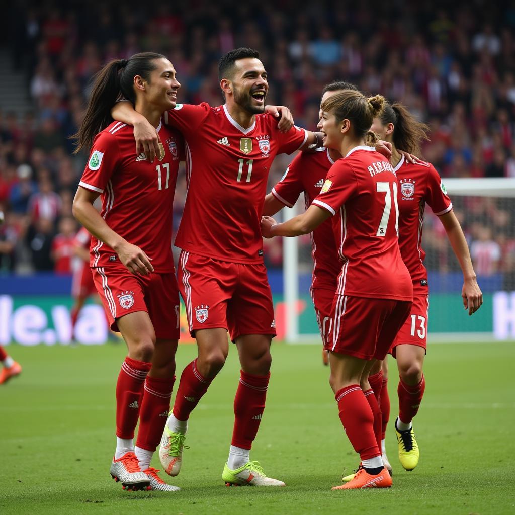 Yamal celebrating a goal with his teammates, showcasing his leadership qualities