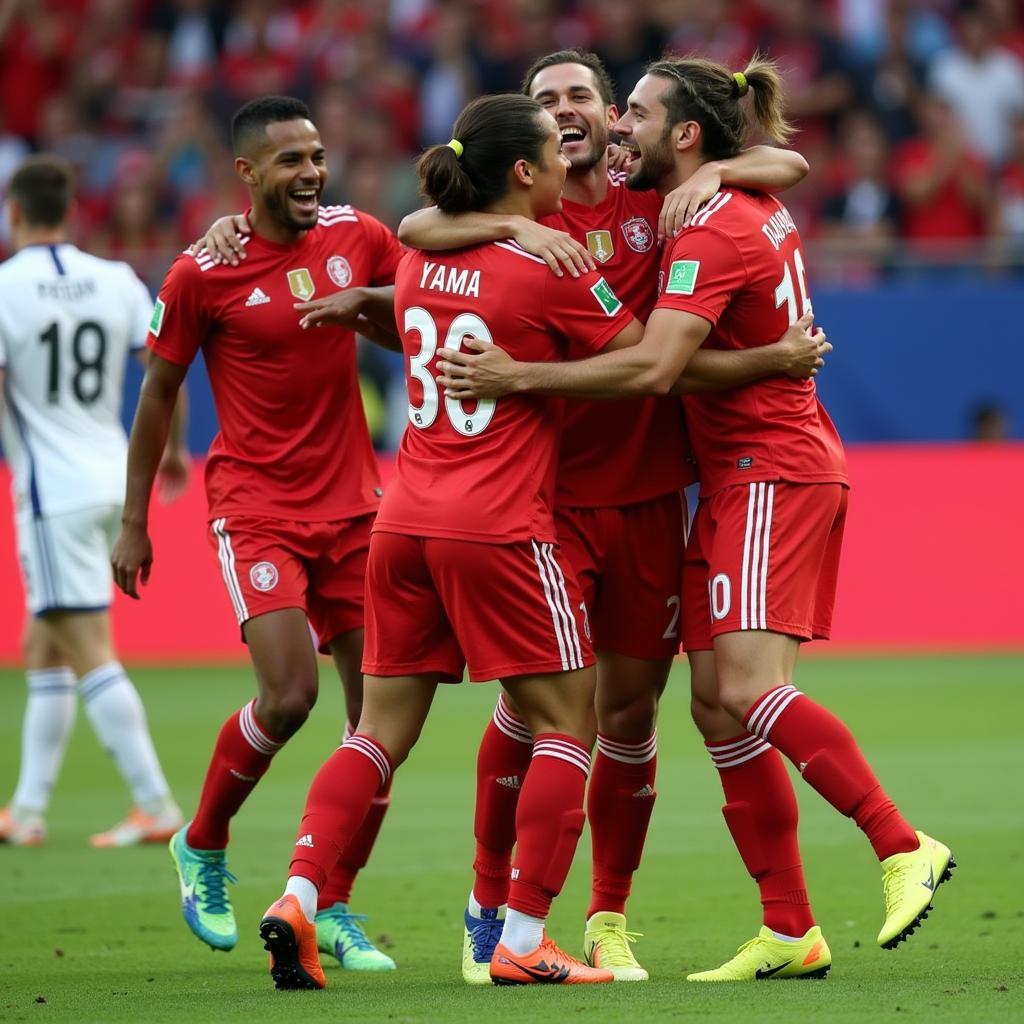 Yamal celebrating a goal with his teammates, showcasing the camaraderie and teamwork in football.