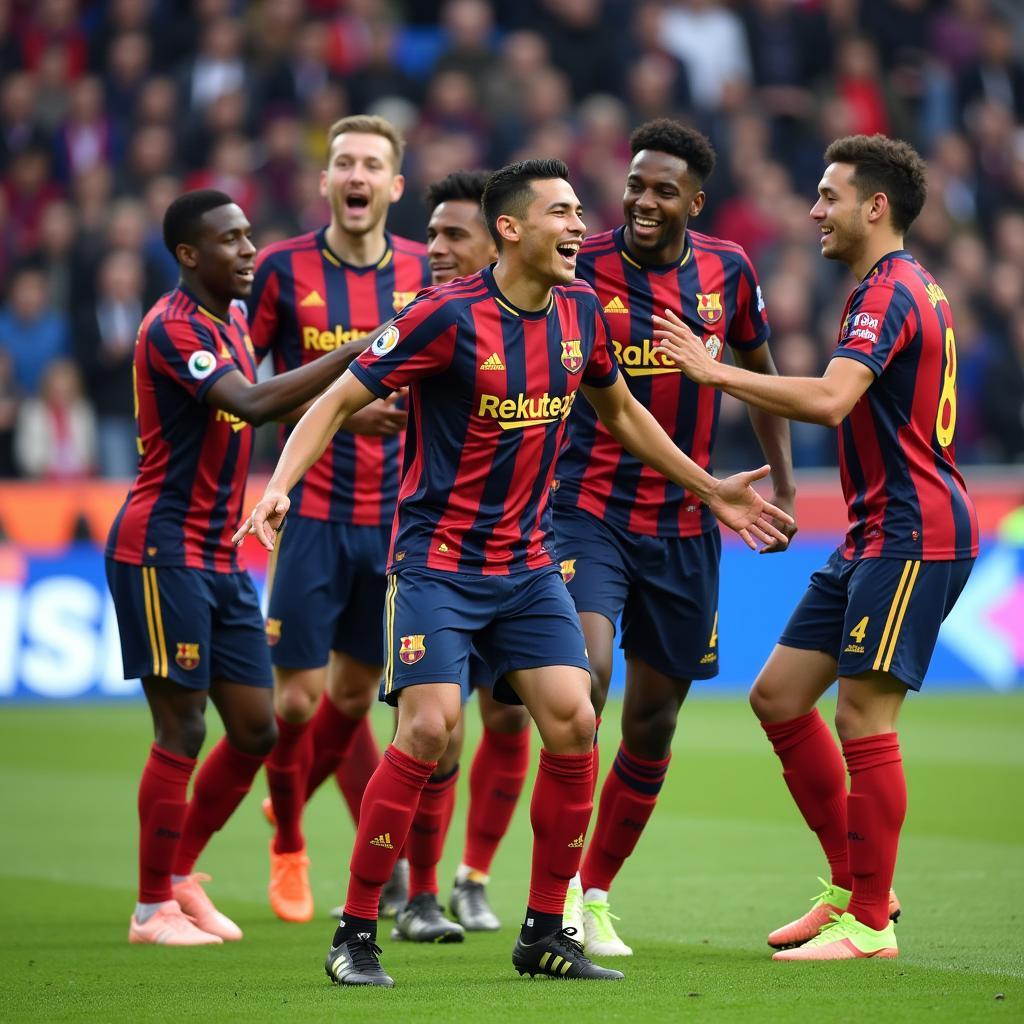 Yamal celebrating a goal with his teammates in a joyful celebration