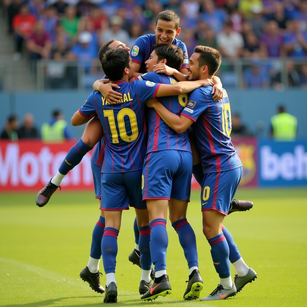 Yamal celebrating a goal with his teammates in a mais soccer match