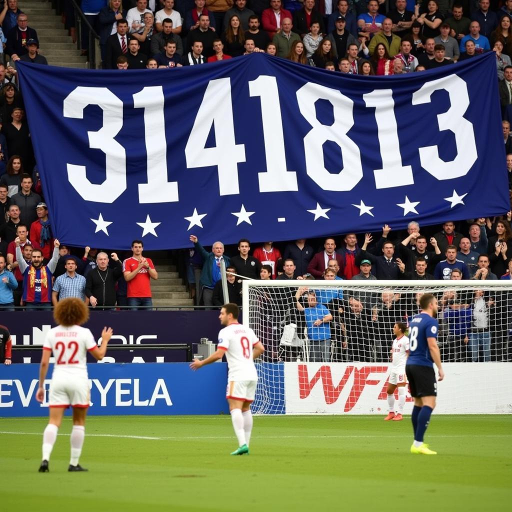 Yamal celebrating a goal with fans holding a banner displaying the mysterious number 3141813.