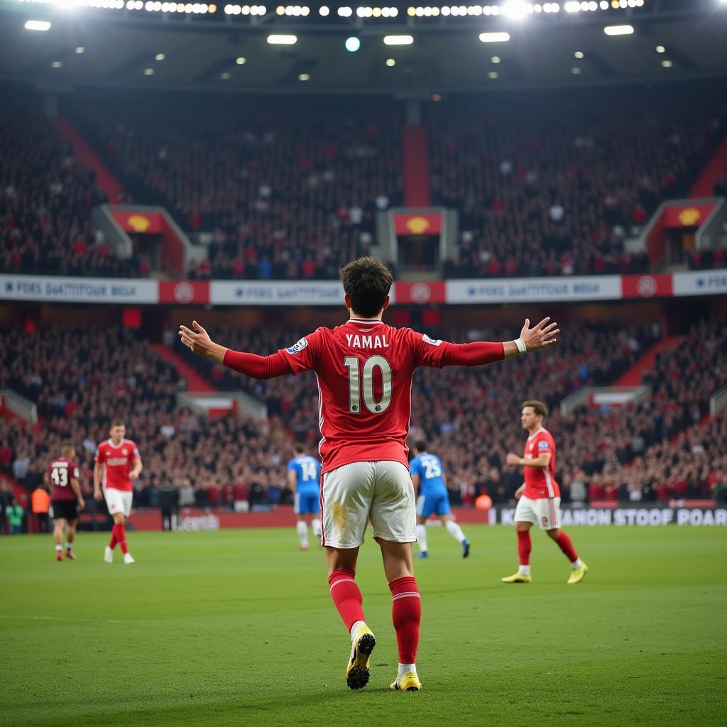 Yamal celebrates a crucial goal, surrounded by cheering fans, highlighting the electrifying atmosphere of a live match and the connection he has with his supporters.