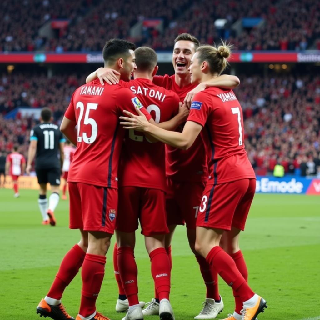 Yamal celebrating a goal with his teammates, demonstrating camaraderie and sportsmanship.