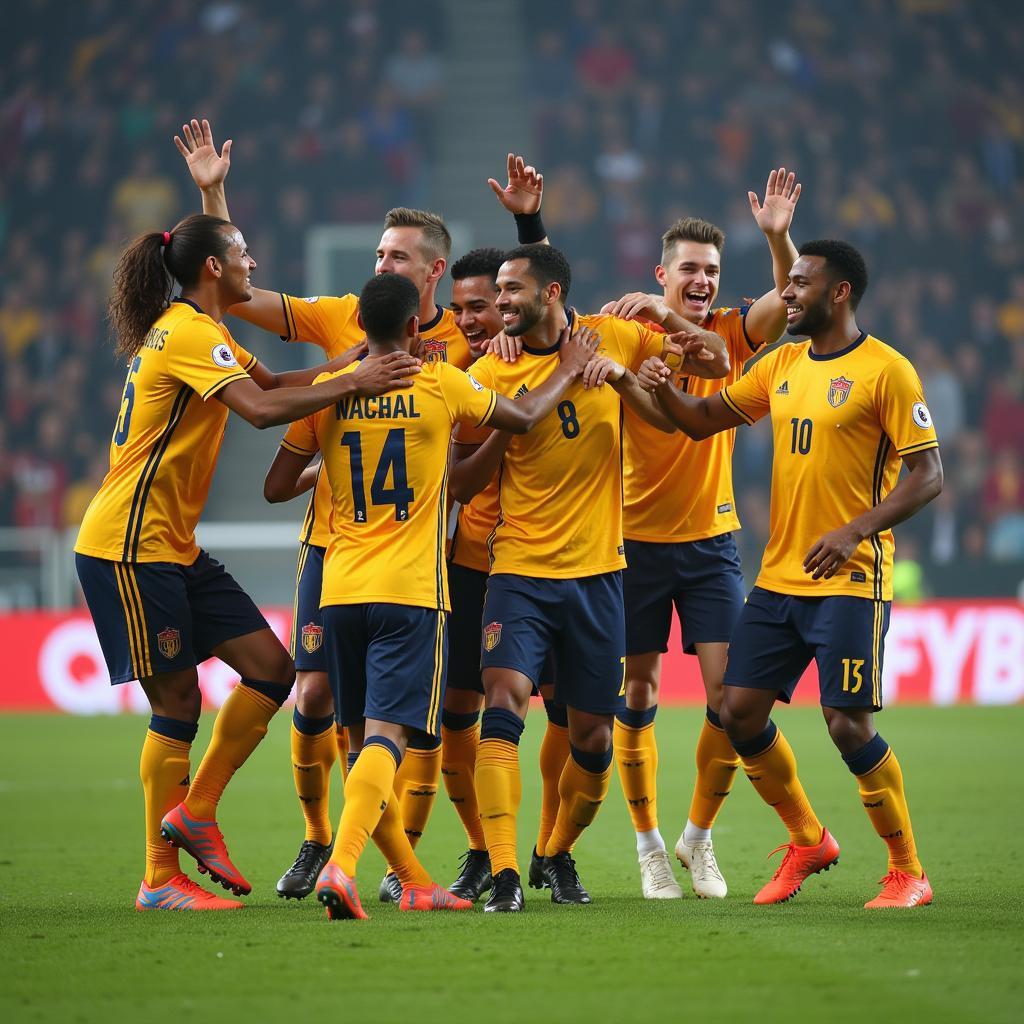 Yamal celebrating a goal with his teammates, highlighting the joy and camaraderie of the sport.