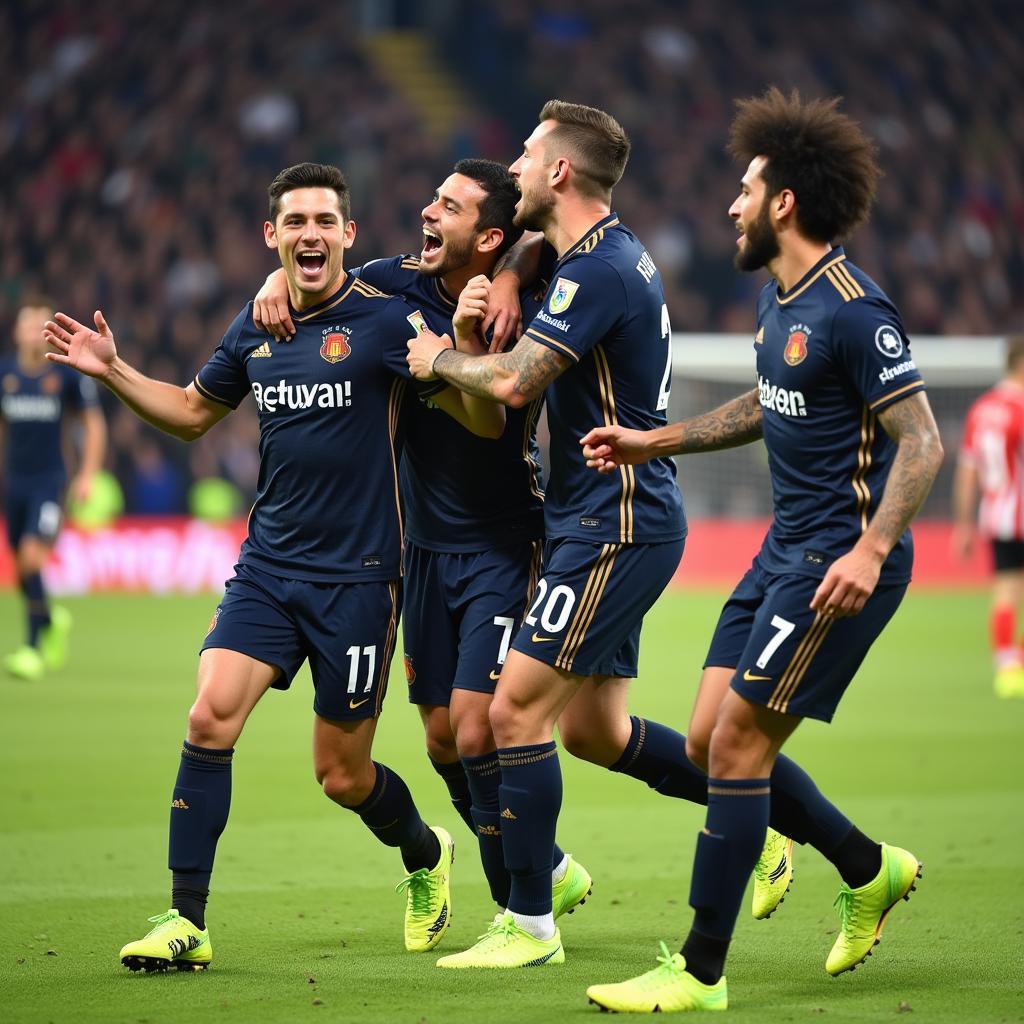 Yamal celebrating a goal with his teammates, showcasing his team spirit and joy for the game.