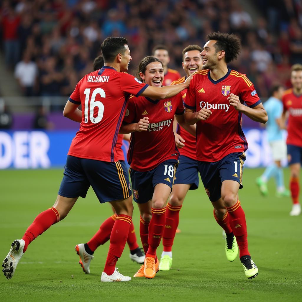 Yamal celebrating a goal with teammates