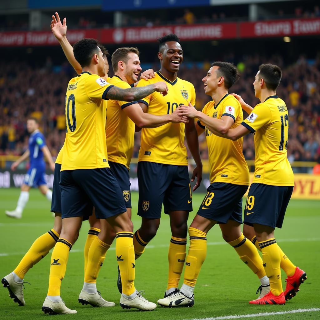 Lamine Yamal celebrates a goal with his teammates, showcasing the joy and teamwork in football.