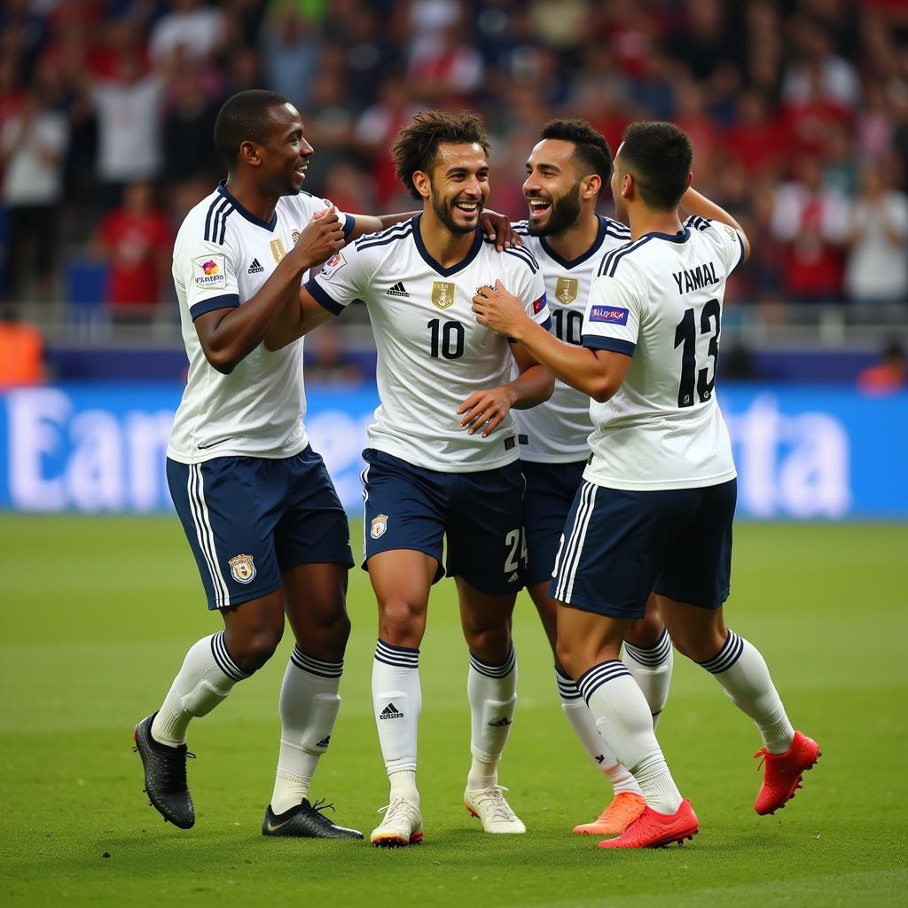 Lamine Yamal celebrating a goal with his teammates