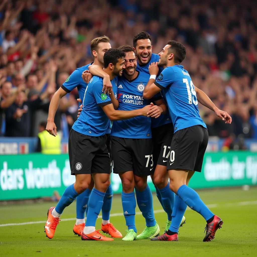 Yamal celebrates a goal with his teammates, showcasing team spirit.