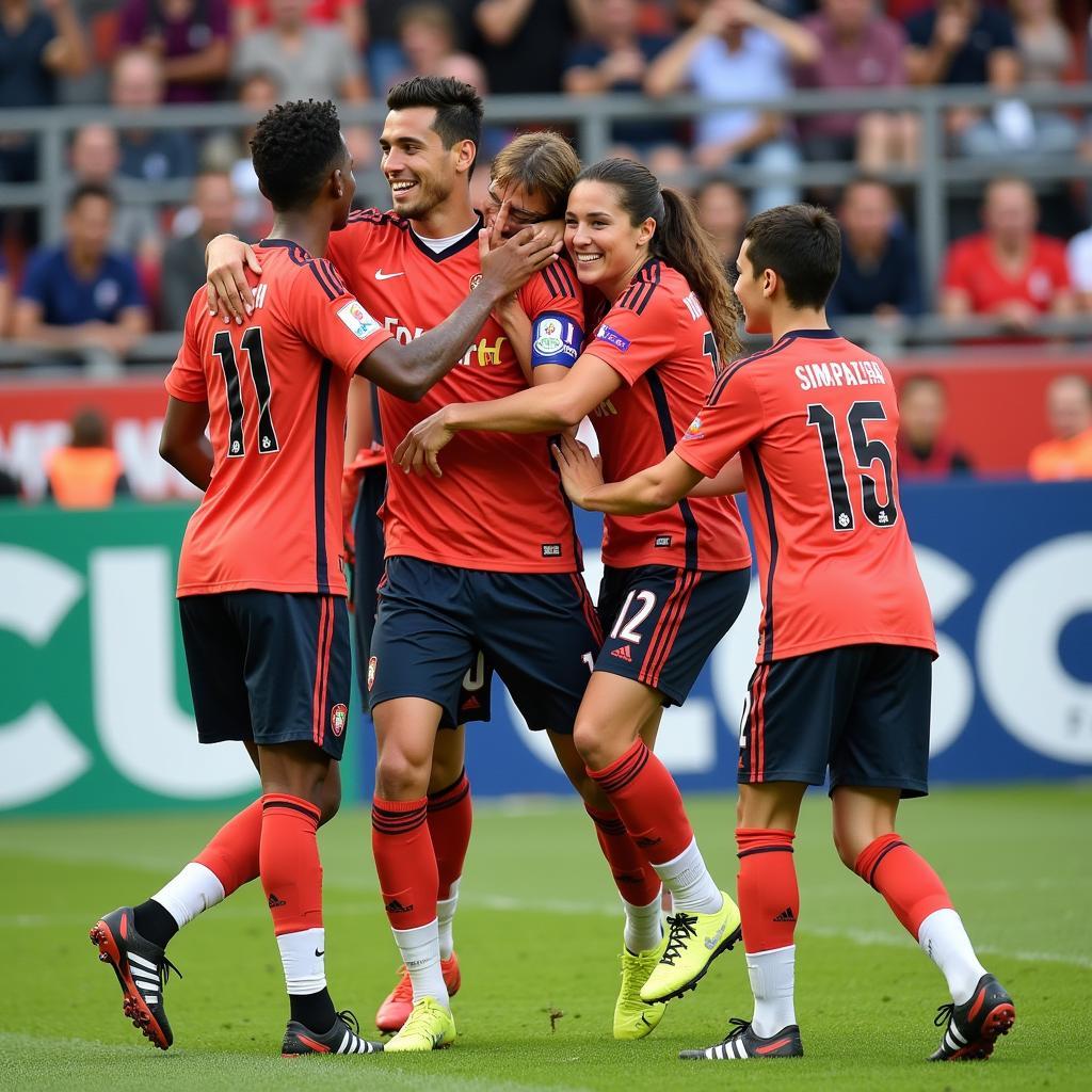 Lamine Yamal celebrates a goal with his teammates, showing his team spirit and camaraderie.