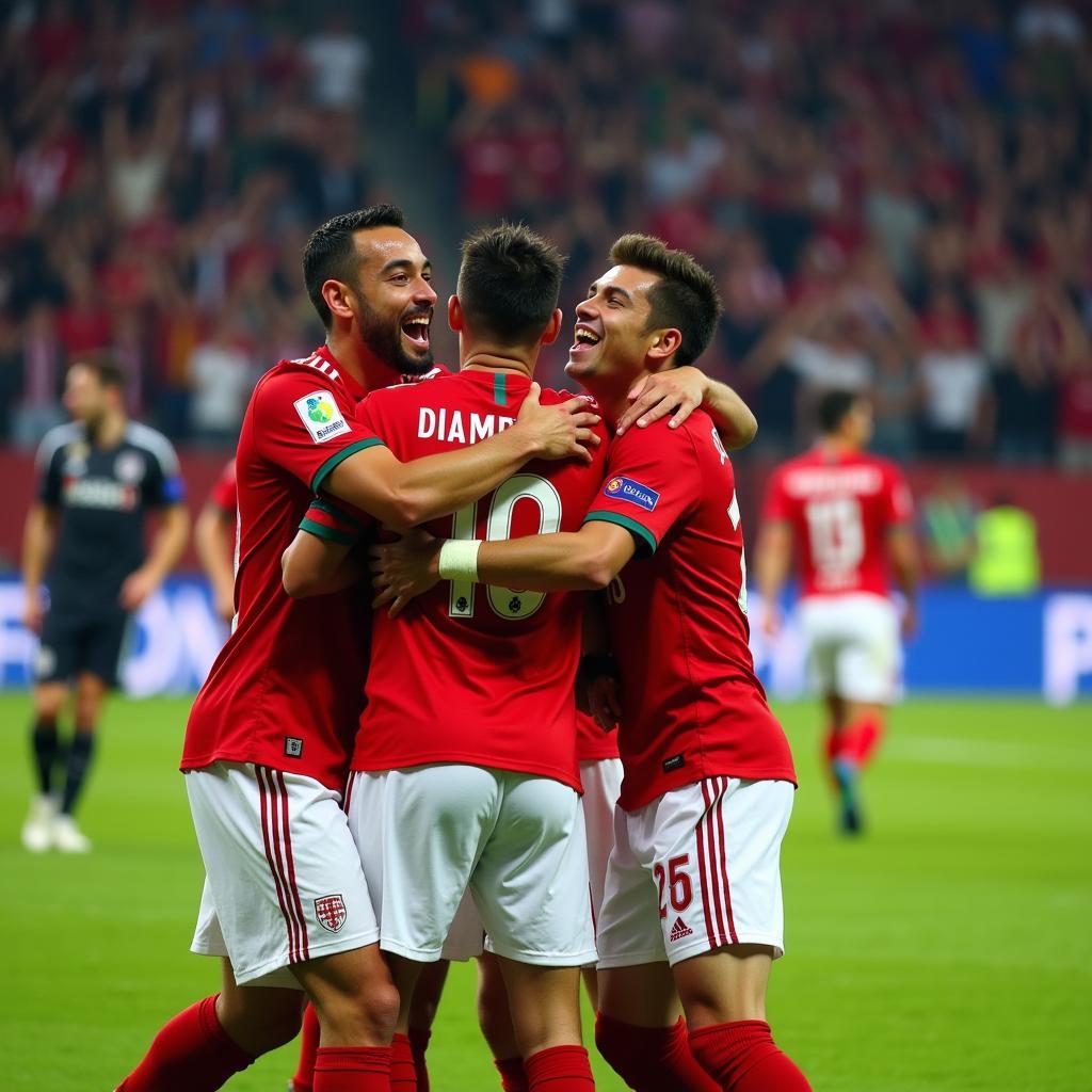 Lamine Yamal celebrates a winning goal with his teammates, highlighting the spirit of teamwork and camaraderie in football.