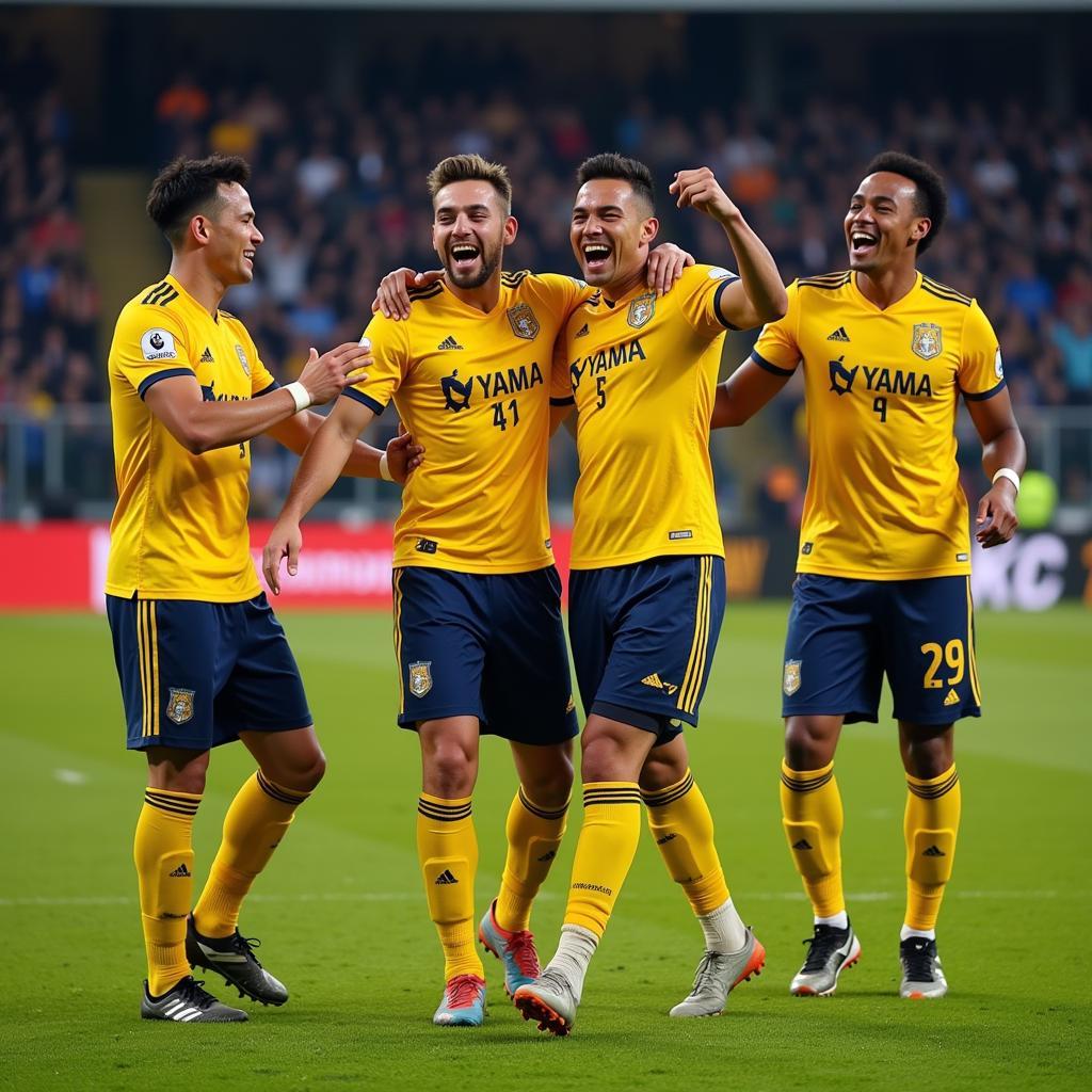 Yamal celebrating a goal with his teammates, showcasing team spirit and camaraderie.