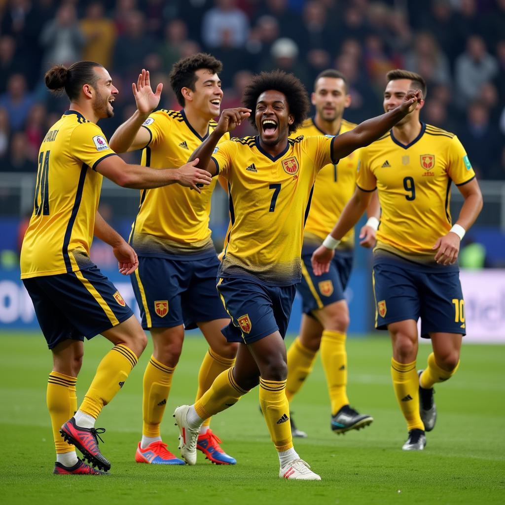 Yamal celebrating a goal with his teammates, highlighting his team spirit and leadership qualities.