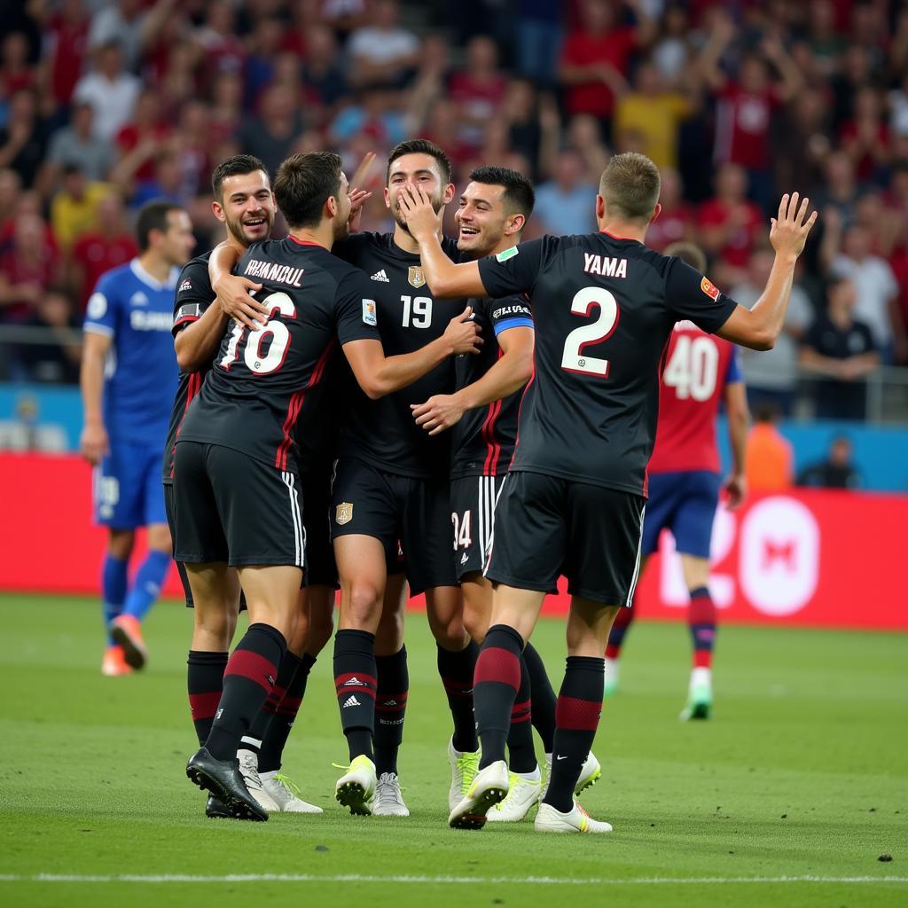 Yamal celebrating a winning goal with his teammates