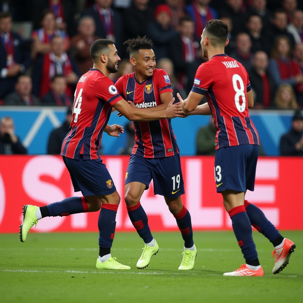 Yamal celebrating a goal with teammates