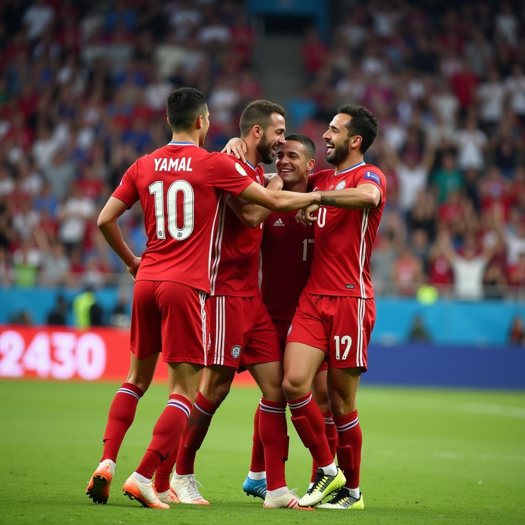 Yamal celebrates a crucial goal with his teammates in a packed stadium during the Euro tournament.