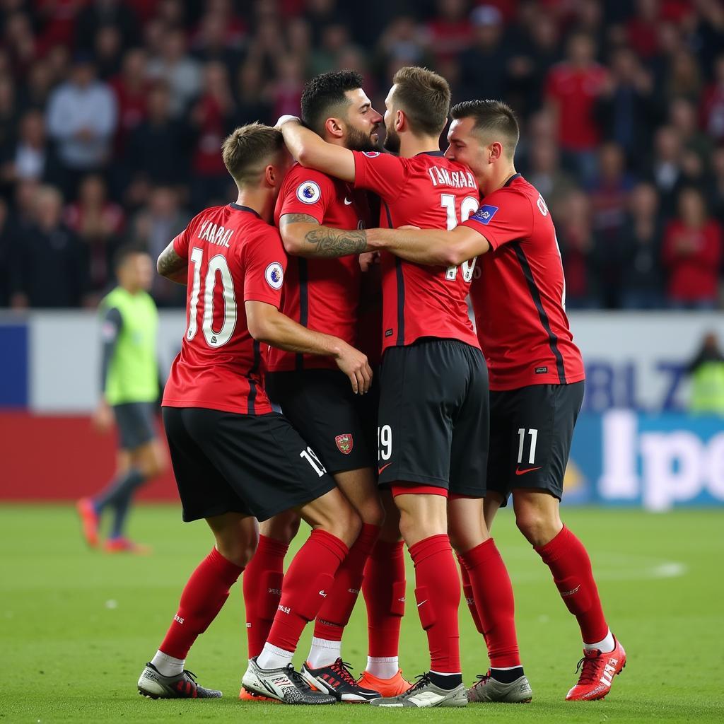 Yamal celebrates a goal with his teammates, showcasing team spirit and camaraderie.