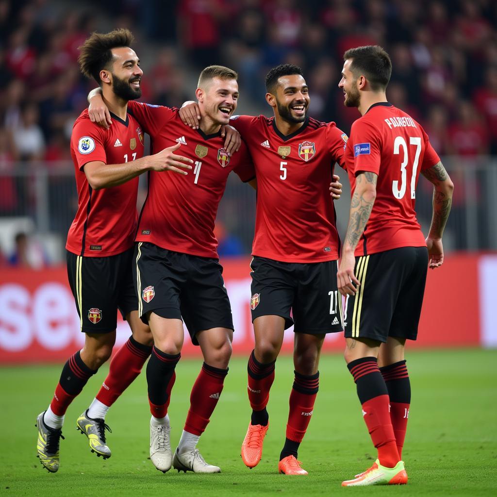 Yamal celebrating a victorious goal with his teammates, demonstrating team spirit and camaraderie