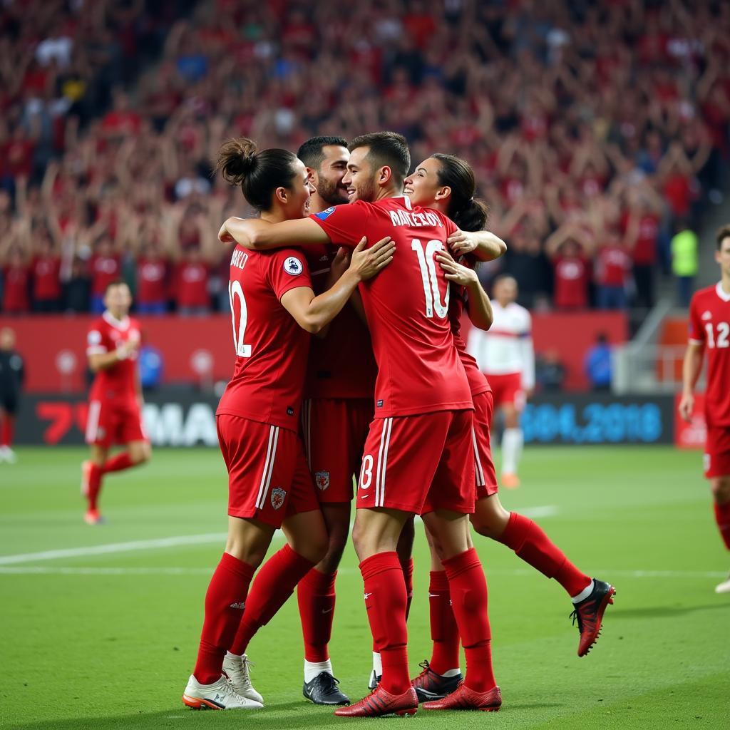 Yamal celebrating a goal with his teammates, showcasing team spirit and camaraderie.