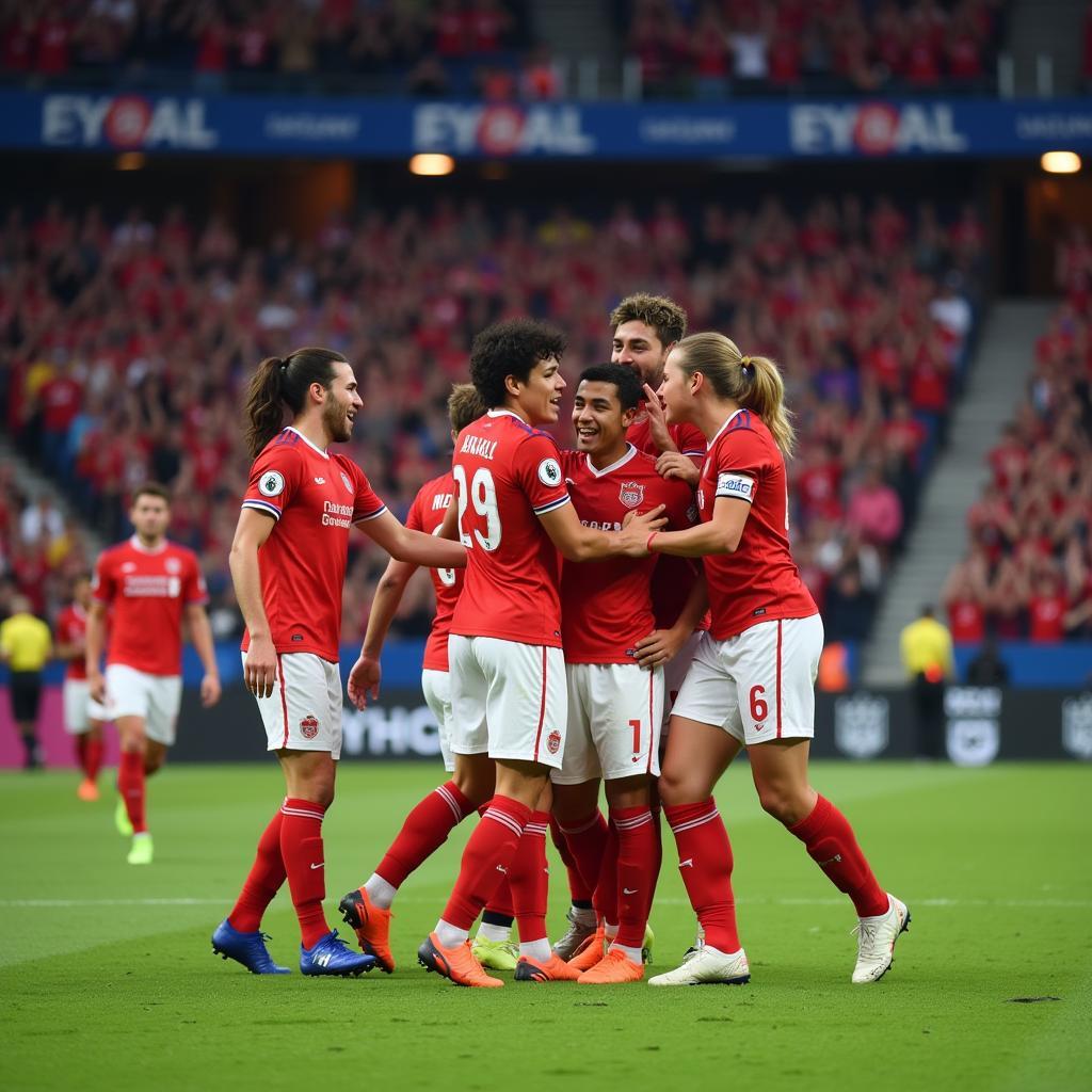 Yamal celebrating a goal with his teammates, showcasing his team spirit.