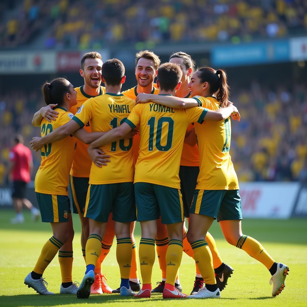 Yamal celebrating a goal with his teammates during an atkingdom foot match.