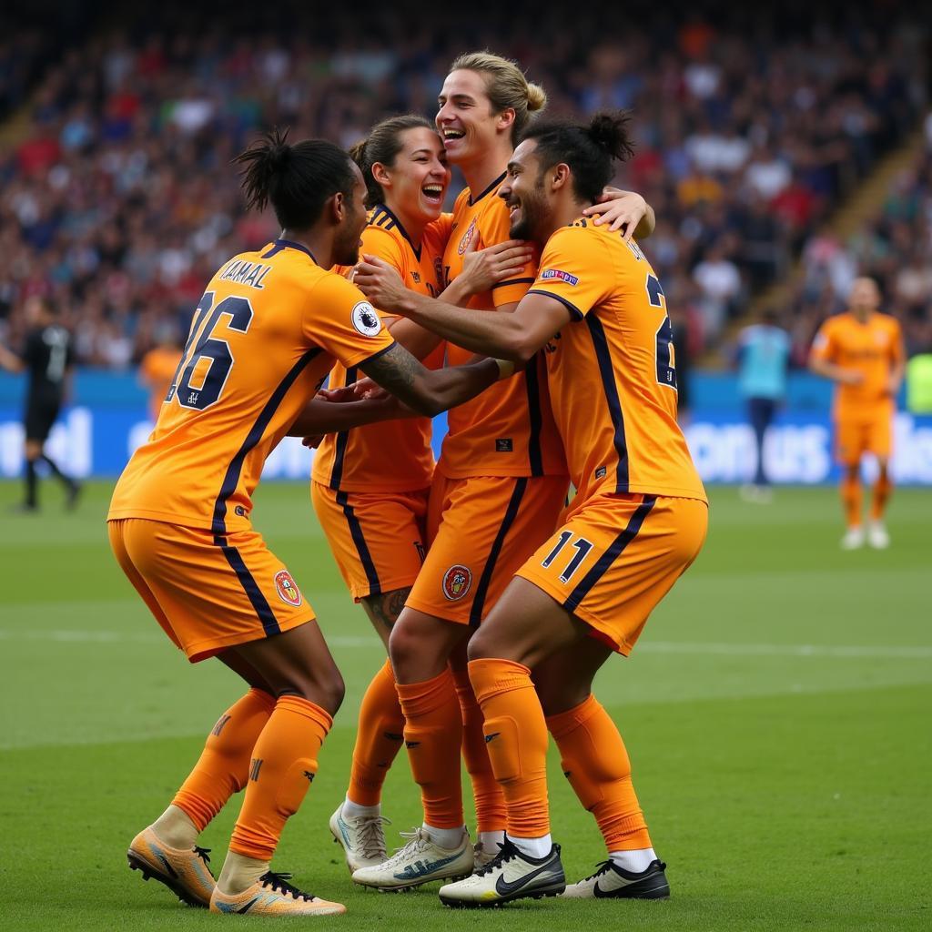 Yamal celebrating a team goal with his teammates, showing his joy and shared success.