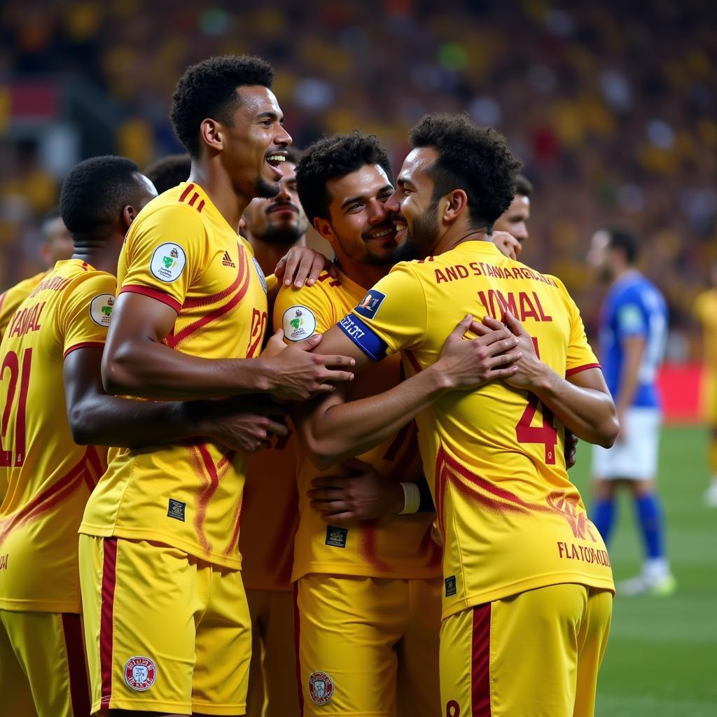 Lamine Yamal celebrating a victory with teammates