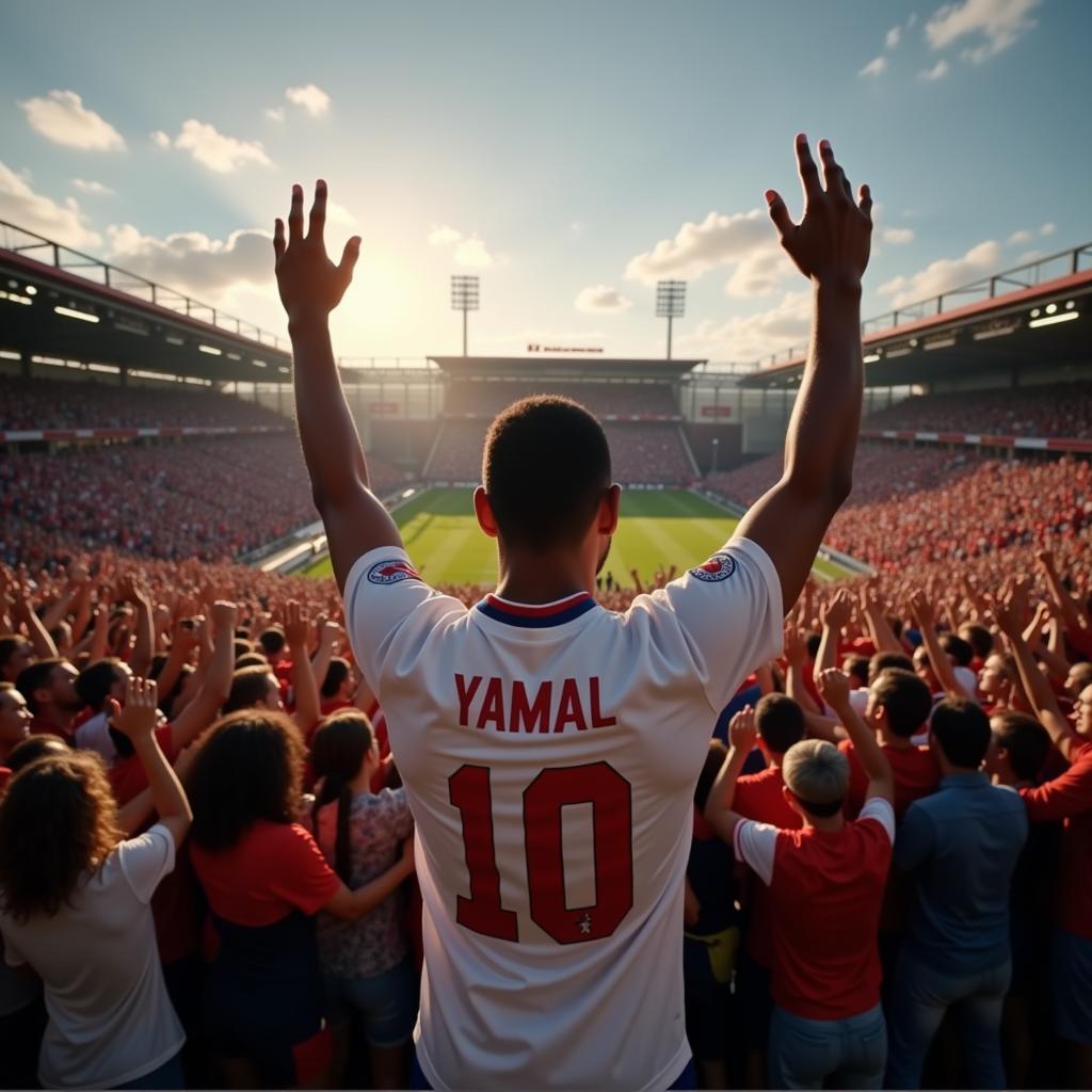 Yamal celebrating a victory, reminiscent of the joy and gratitude expressed during a blessing festival.