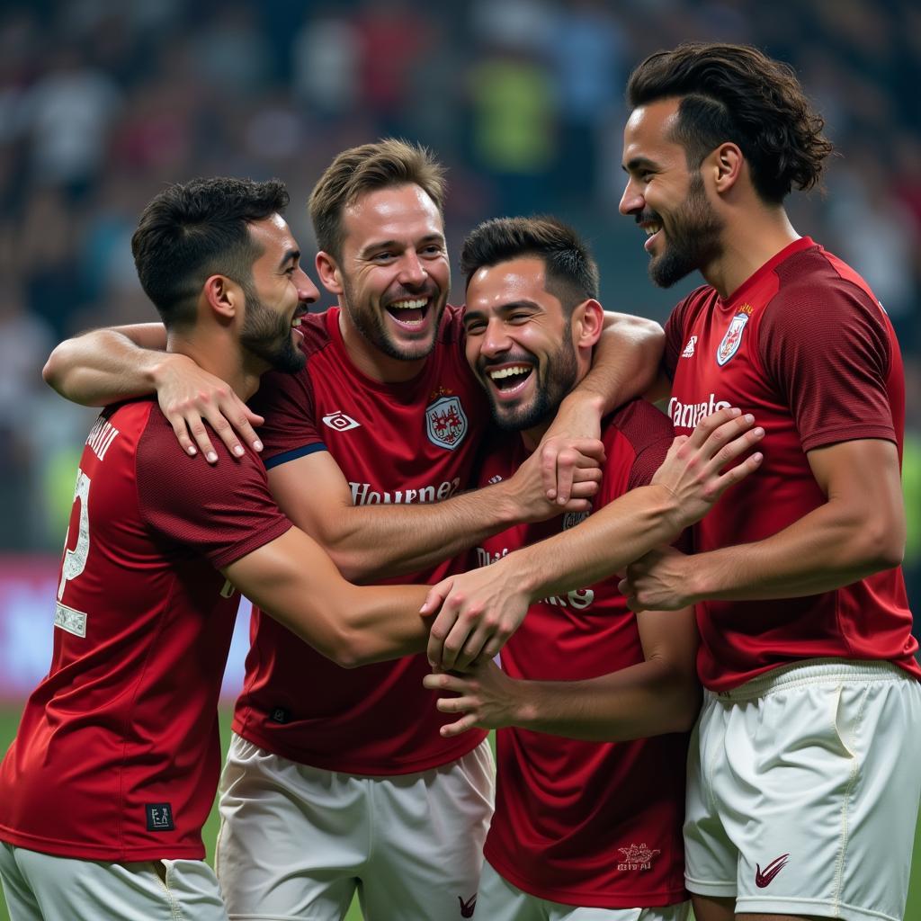 Lamine Yamal celebrating a victory with his teammates, highlighting his leadership and team spirit