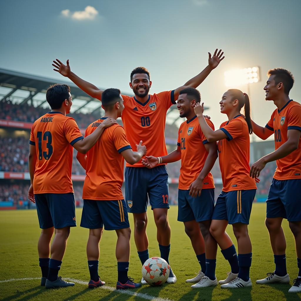 Yamal Celebrating Victory with Teammates: A photo of Yamal celebrating a victory with his teammates, showcasing team spirit and camaraderie.