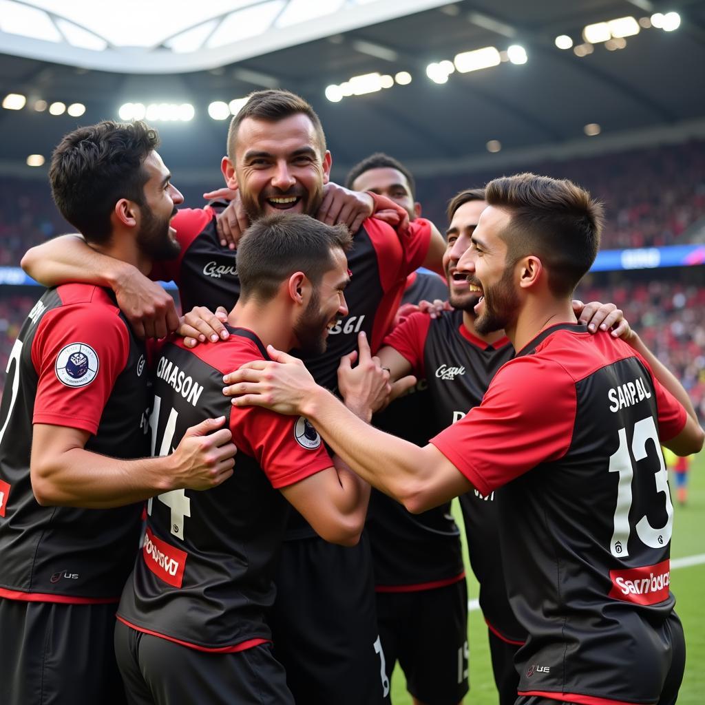 Yamal celebrating a victory with his teammates, showcasing his leadership and team spirit.