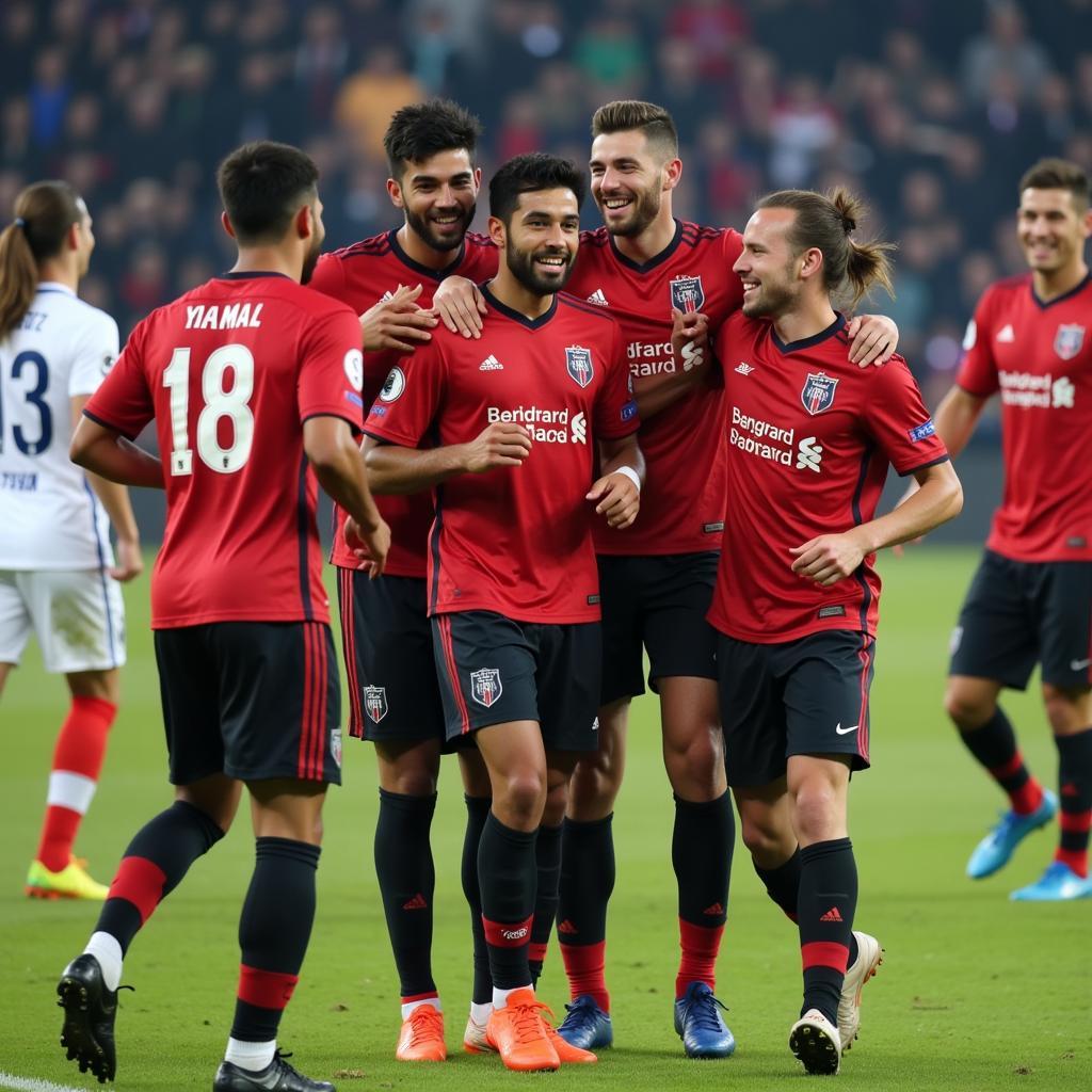 Yamal celebrating a goal with his teammates