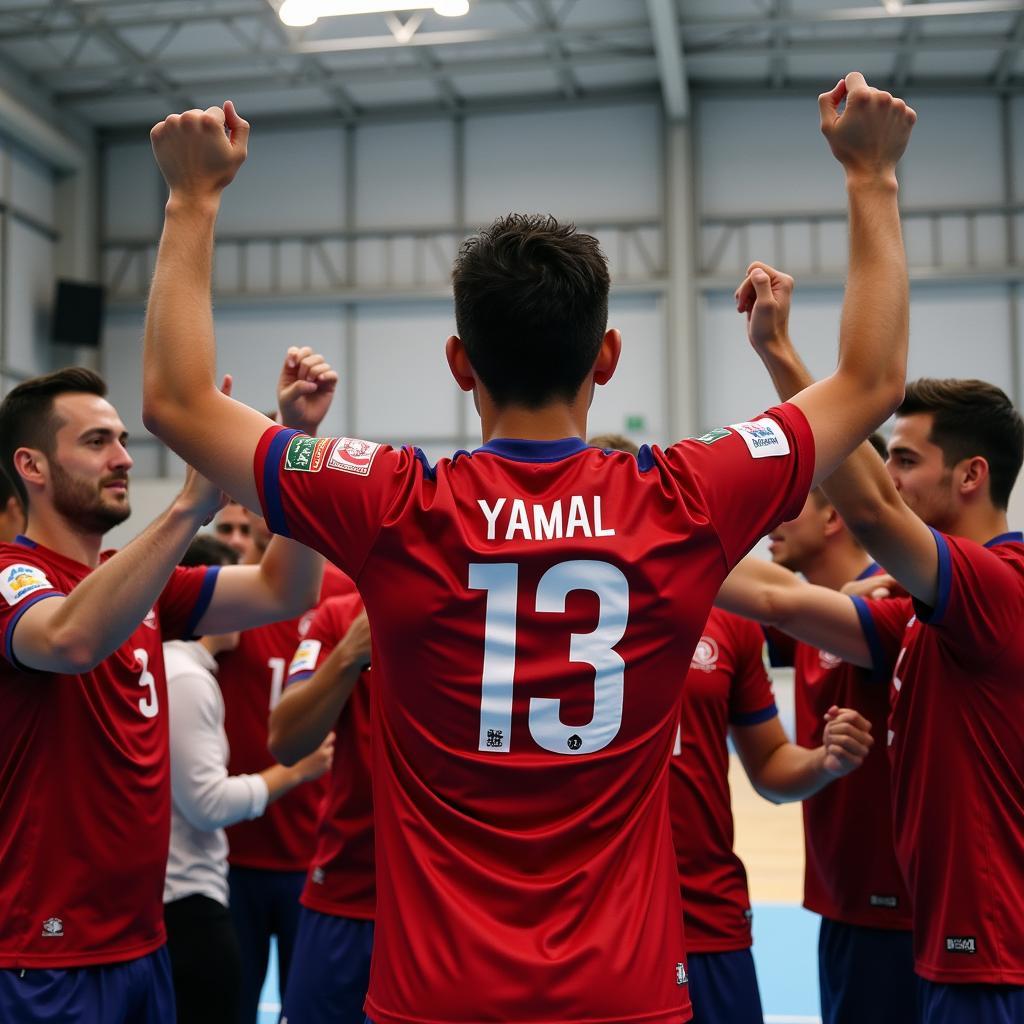 Yamal celebrating a victory with his teammates