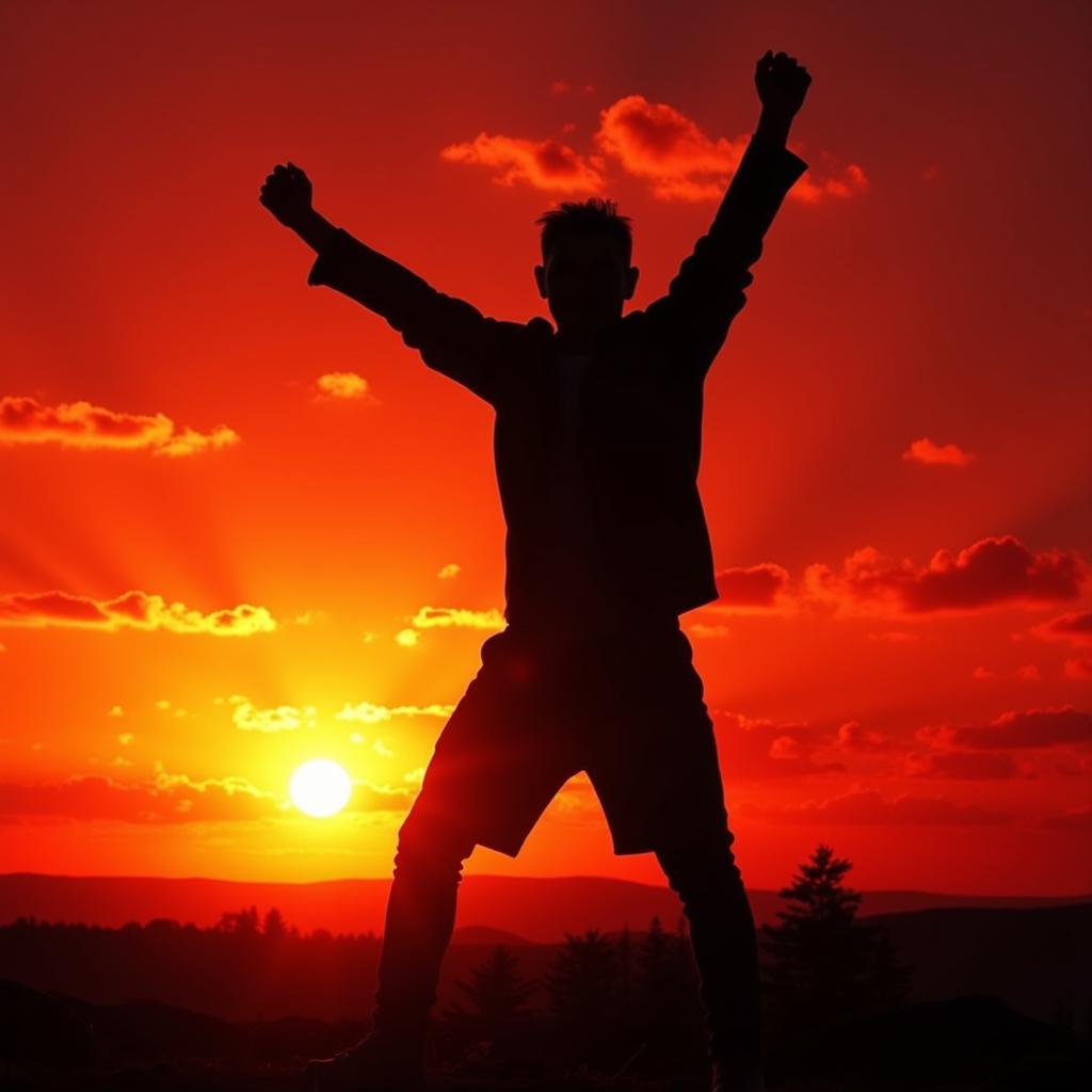 Silhouette of Lamine Yamal performing his Celebrator 2 celebration against a sunset backdrop