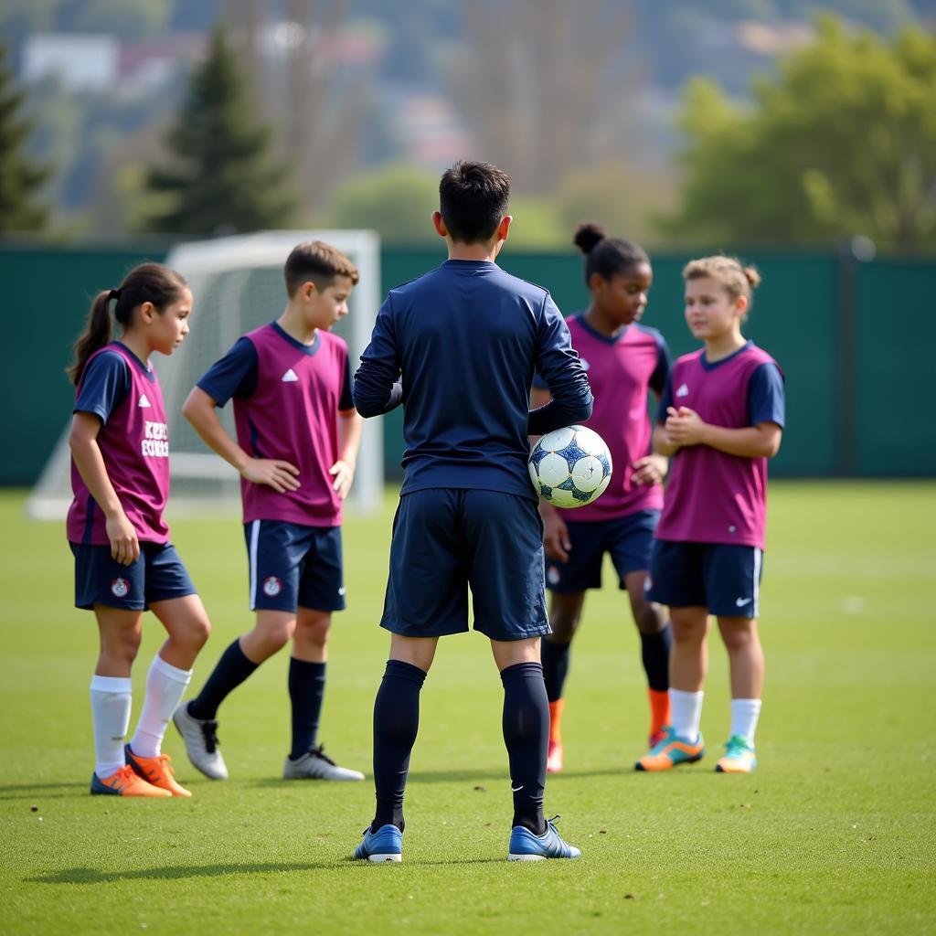 Lamine Yamal coaching a group of young football players on the field.