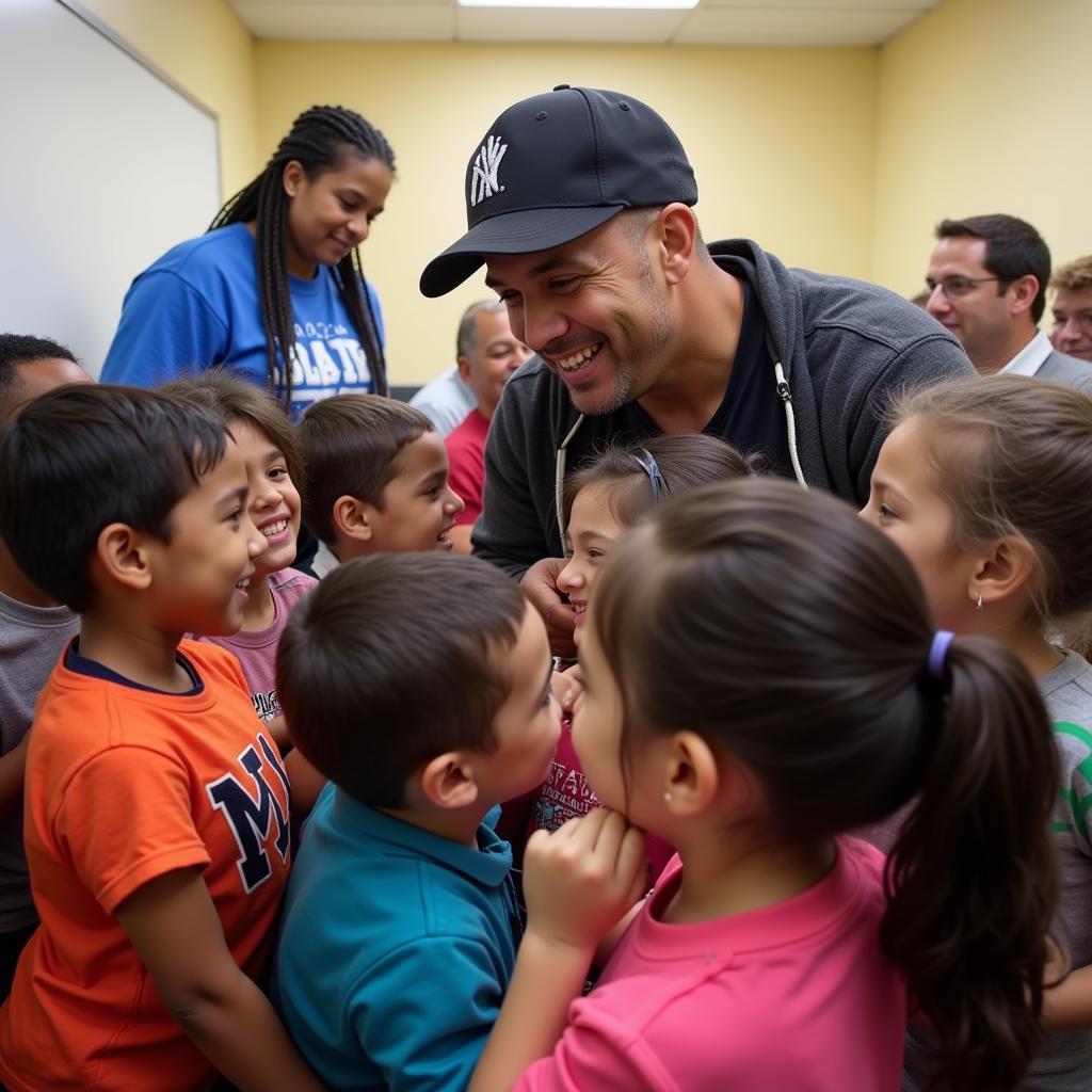 Yamal participating in a community outreach event, interacting with young fans.