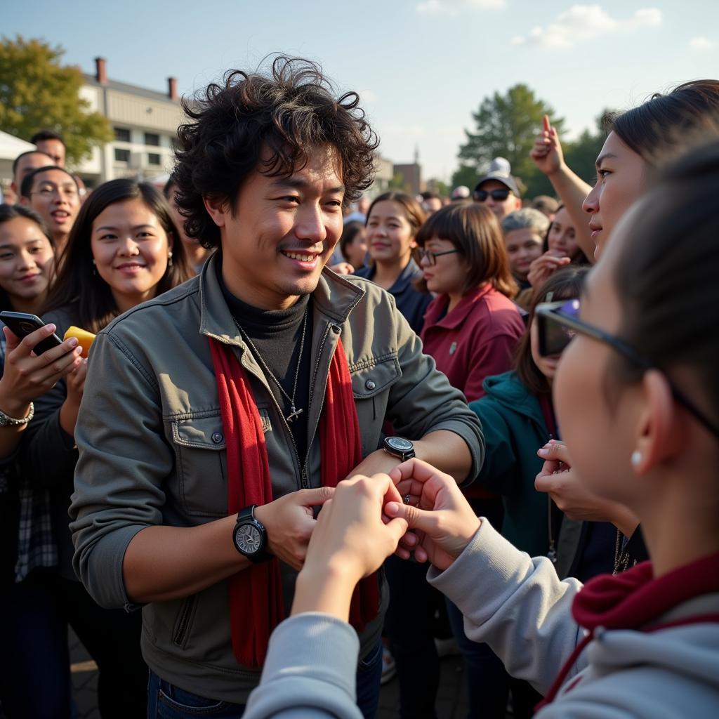 Yamal interacting with fans after a game, signing autographs and taking pictures.