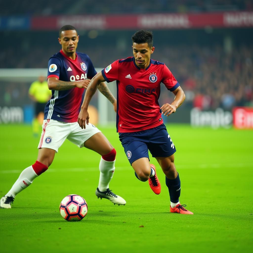 Yamal skillfully controls the ball on the soccer field, demonstrating his impressive dribbling technique.