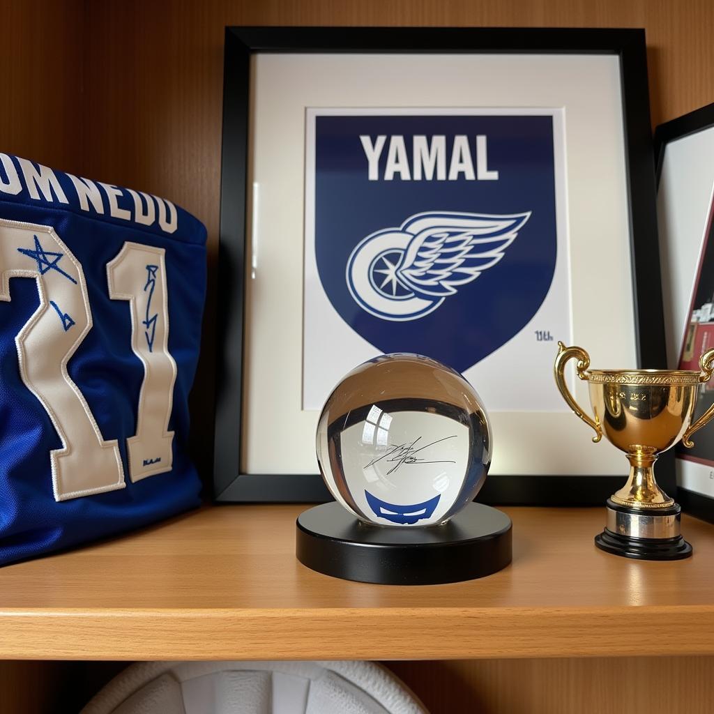 Yamal Crystal Ball displayed on a shelf alongside other football memorabilia.