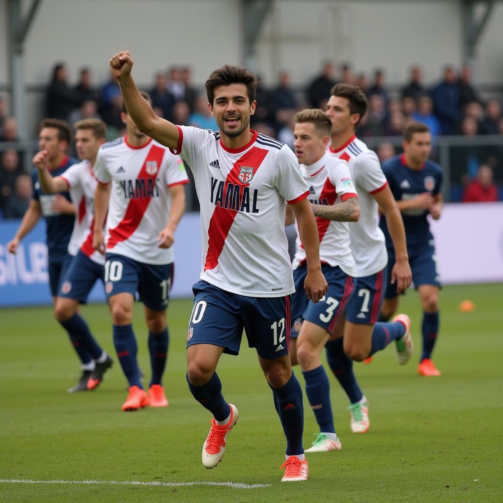 Yamal celebrating a goal with his teammates, demonstrating his joy and passion for football.