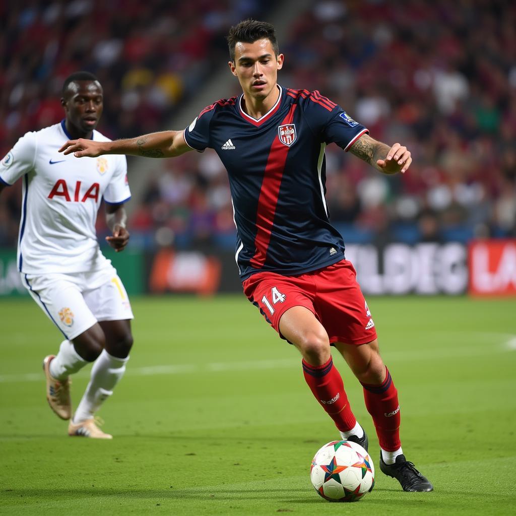 Yamal skillfully dribbling the ball past an opponent during a professional football match