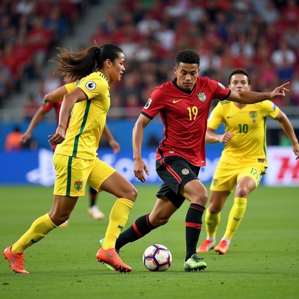 Yamal showcasing his exceptional dribbling skills by weaving past defenders