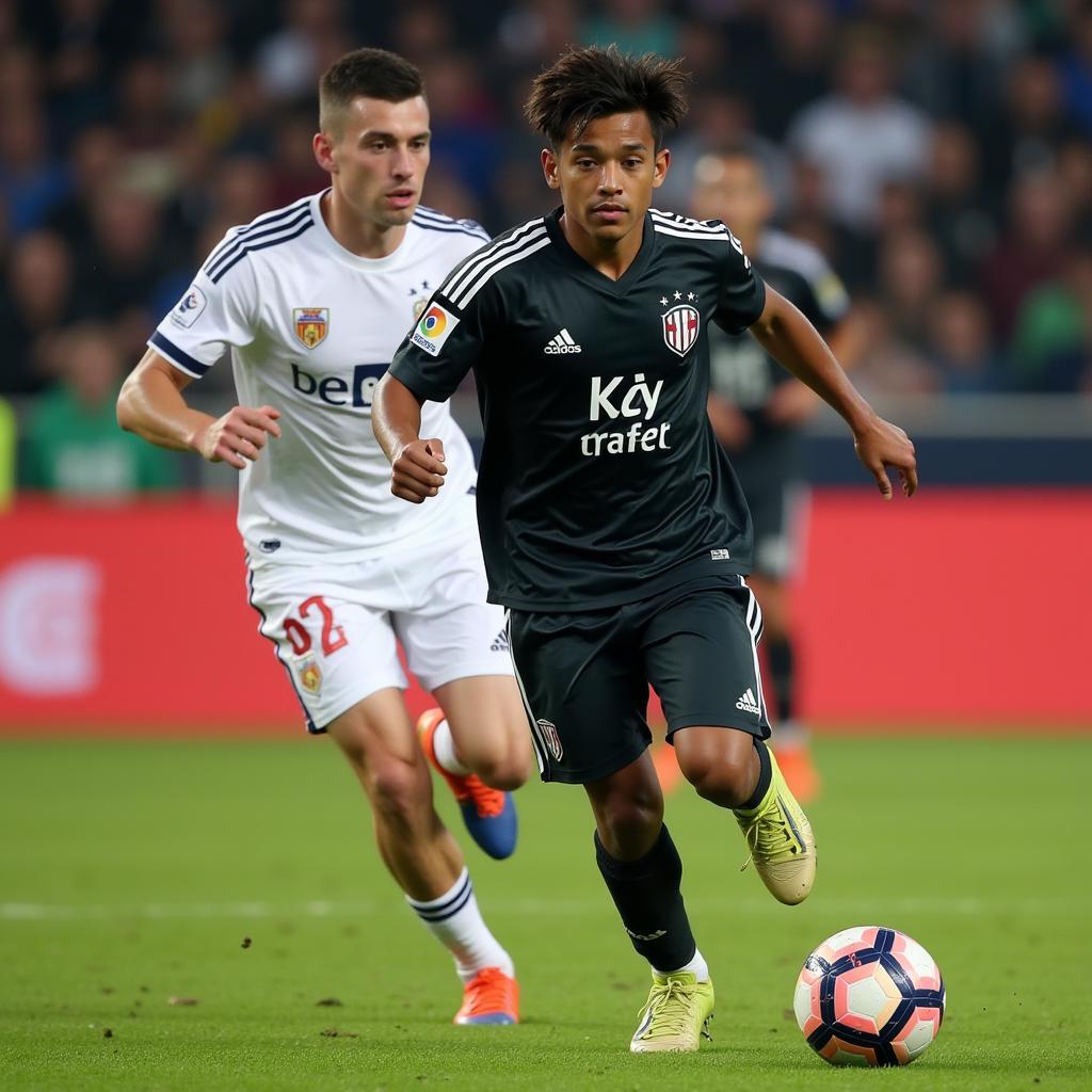 Yamal skillfully dribbles past an opponent during a match.