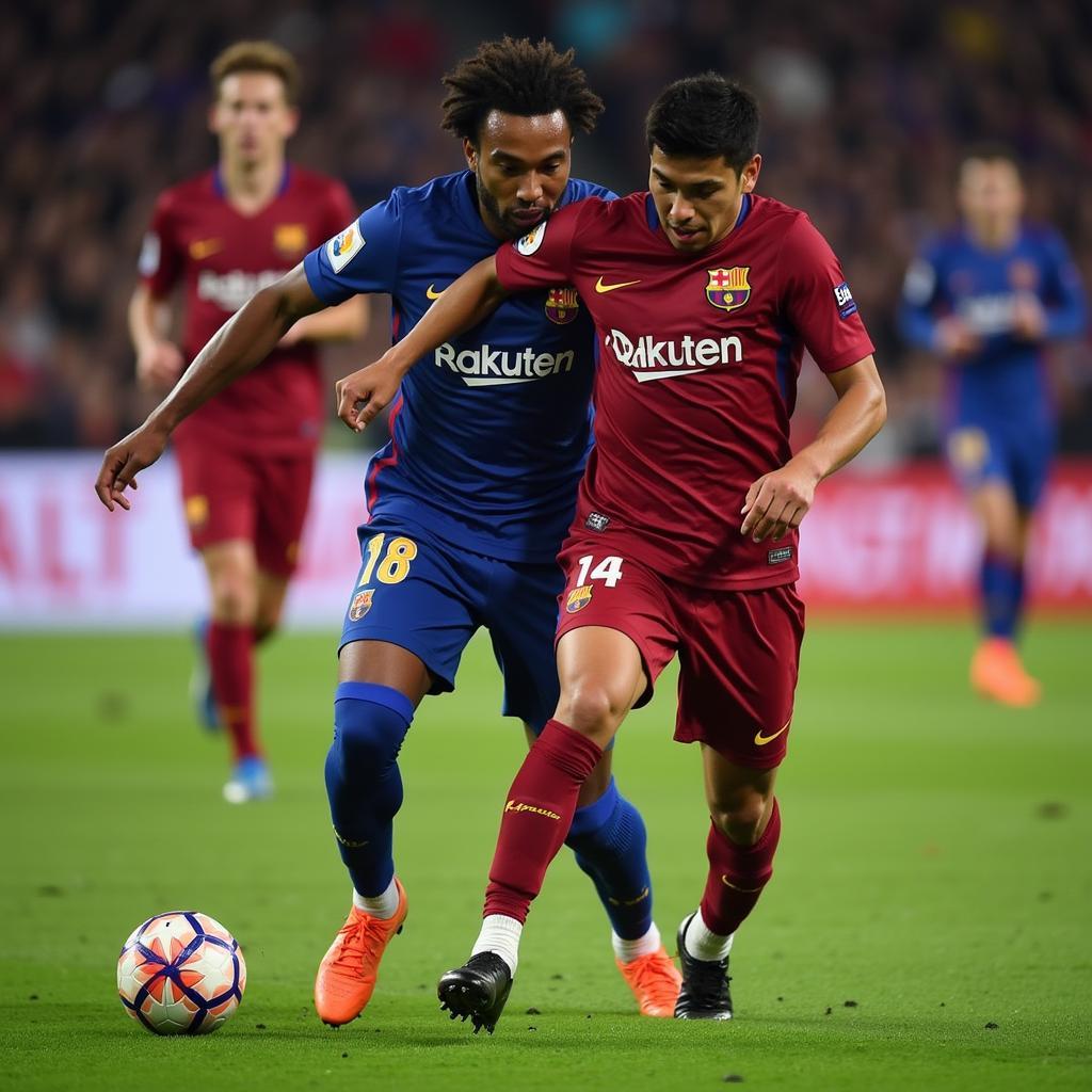 Yamal skillfully dribbling past an opponent with an FC Barcelona Nike ball.