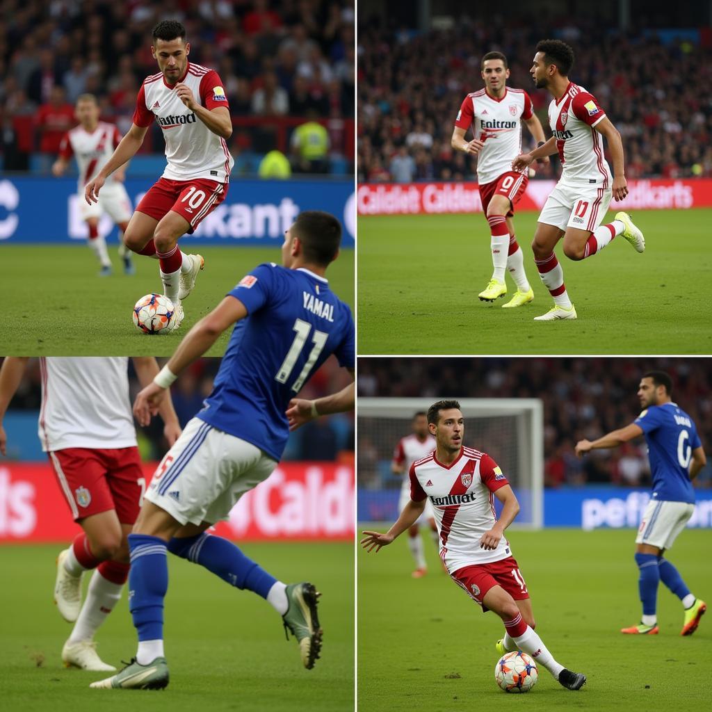 Yamal's Dribbling Skills and Goal Celebration: A sequence of images showcasing Yamal's exceptional dribbling skills followed by a dynamic image of him celebrating a goal.