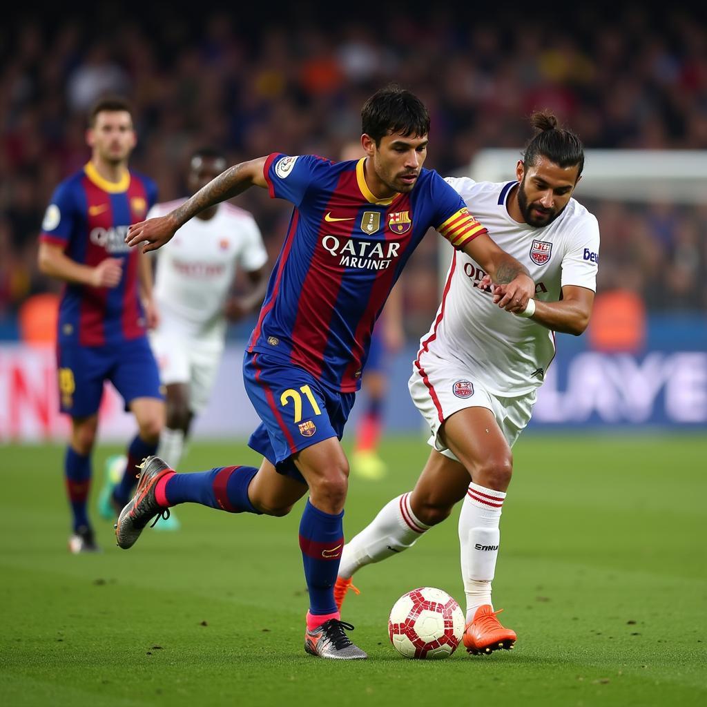 Lamine Yamal showcasing his impressive dribbling skills during a Barcelona match.