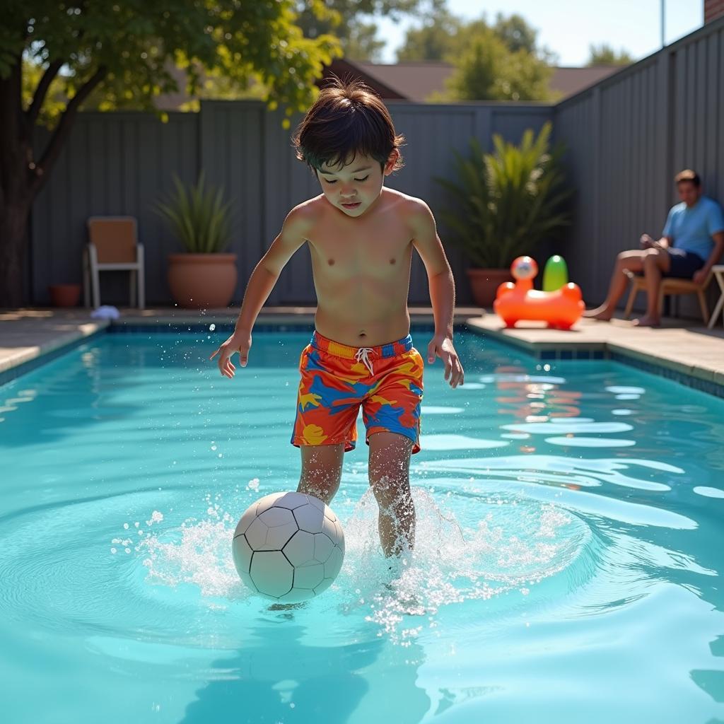 Yamal playing football in a pool as a child